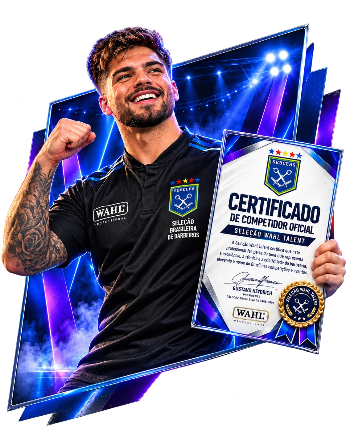 Barbeiro da Seleção Brasileira segurando o Certificado de Competidor Oficial