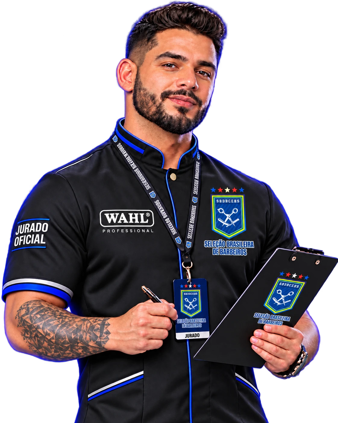 Jurado oficial da competição segurando uma prancheta de avaliação